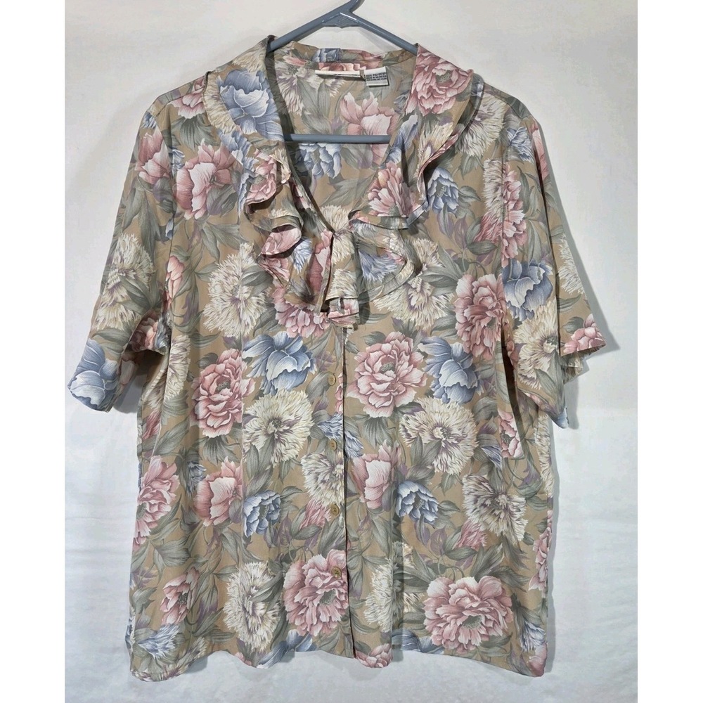 Alfred Dunner Blouse Womens 18 Tan Floral Ruffle Neck Short Sleeve‎ Top Coastal